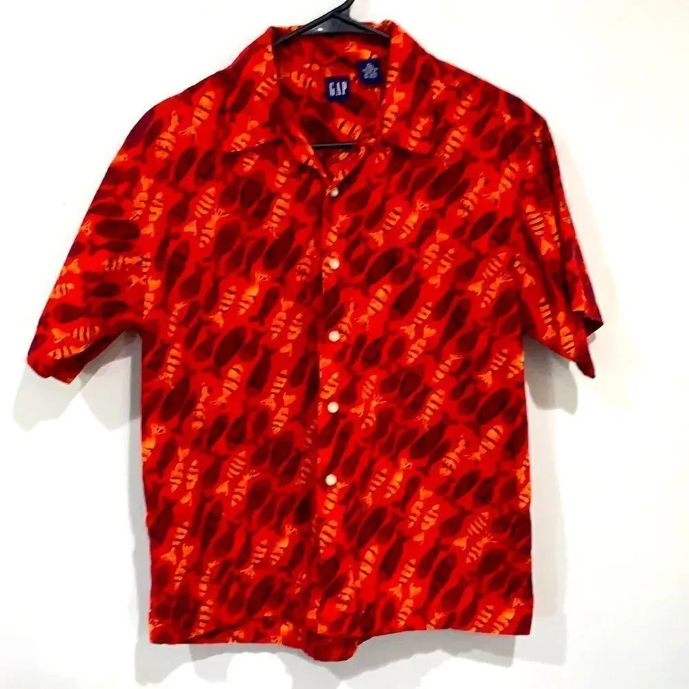 GAP Kids Red Fish Print Hawaiian Button-Up Shirt 100% Cotton Boys XL 12